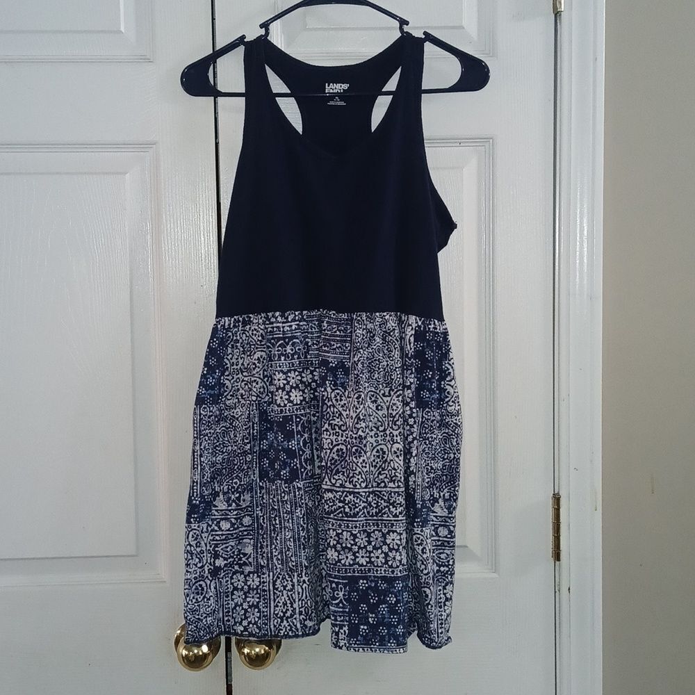 Lands' End  Girls Blue white racer back dress with pockets Sz XL 14+-16+ NWOT